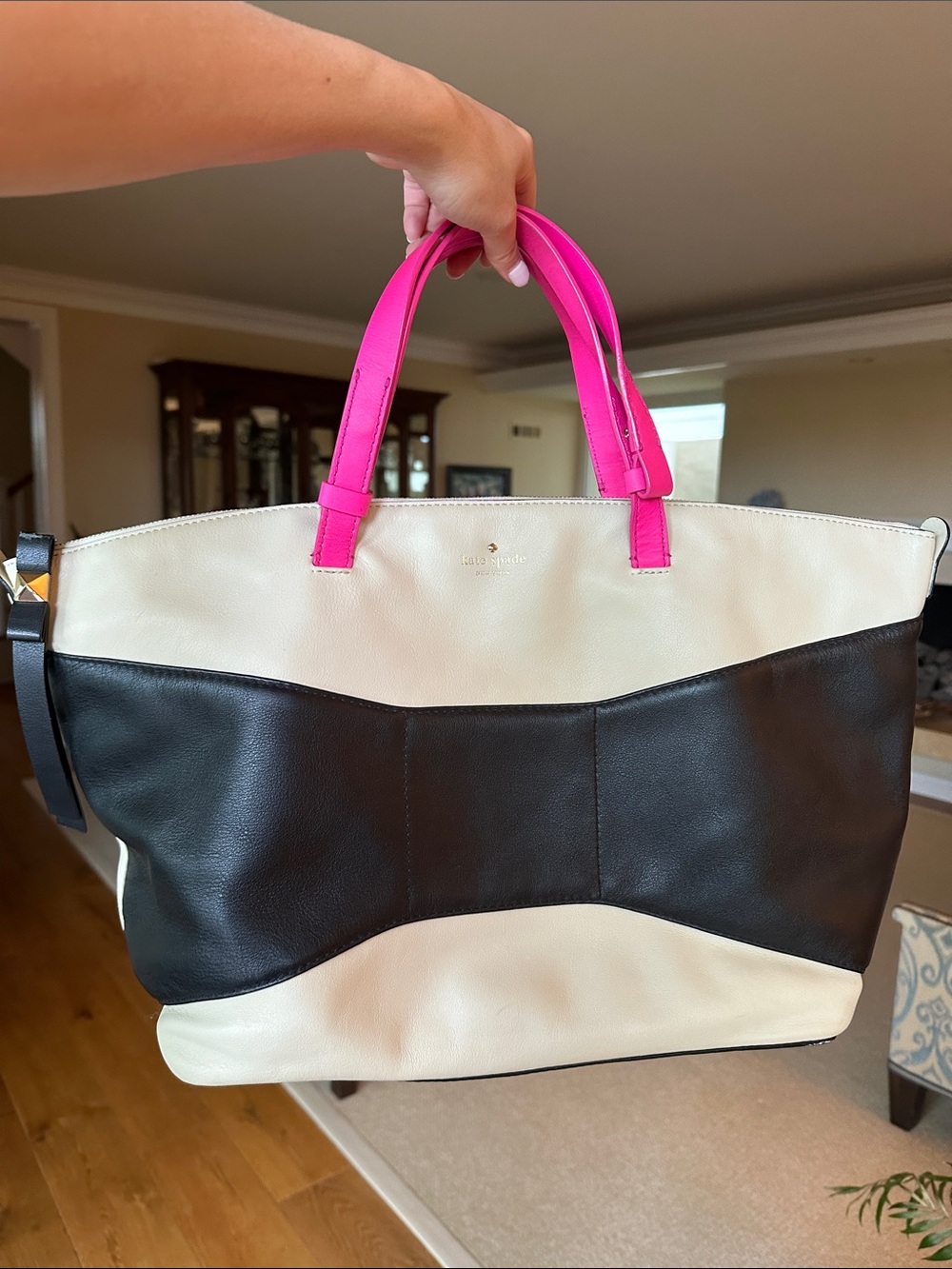 kate spade Cream & Black Leather Tote with Hot Pink Handles